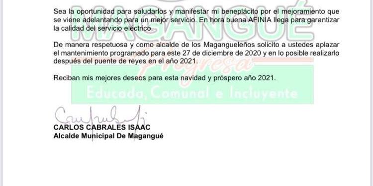 Alcalde Carlos Cabrales solicita aplazar mantenimiento programado por Afinia el domingo 27