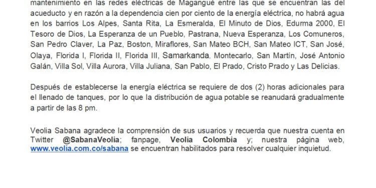 POR INTERRUPCIÓN DE LA ENERGíA, EL 17 DE ENERO NO HABRÁ AGUA EN ZONA NORTE Y SECTOR 24 HORAS